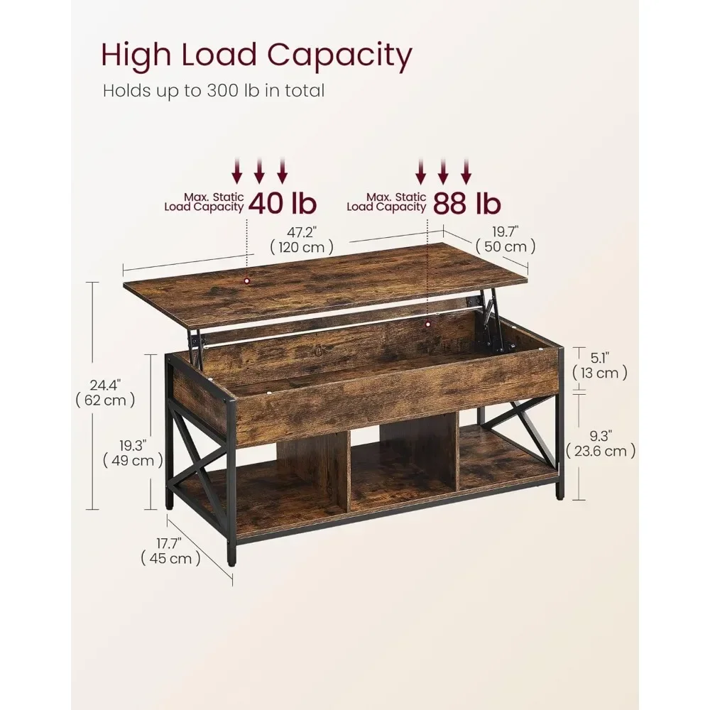 Mesa de centro elevatória, mesa de centro com prateleira de armazenamento, compartimentos ocultos e tampo elevatório, para sala de estar, escritório