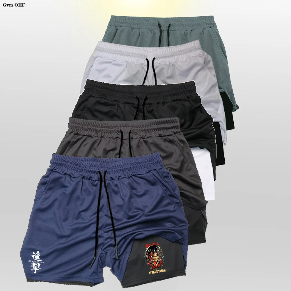 Pantalones cortos de Anime Attack On Titan para hombre, ropa deportiva de secado rápido, 2 en 1, doble cubierta, entrenamiento y Fitness