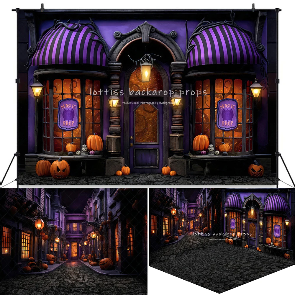 Haunted Halloween Street Backdrops Child Photography Props Kids Adult Festival Decors Magic Shop Front Background image 2