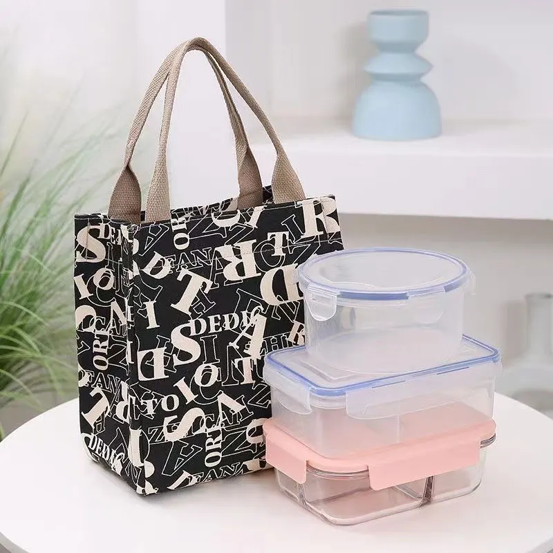 Fashionable Canvas Handbag Bring Food to Work Carry Lunch Bag Go Out for Commuting Keep Warm and Fresh Lunch Box Bag