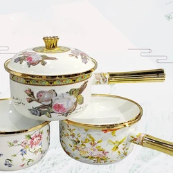Enamel Milk Pot with Lid kitchen Pots Single Gold Handle Stockpot Thickened Enamel Cookware One-Person Ramen Pot Saucepan