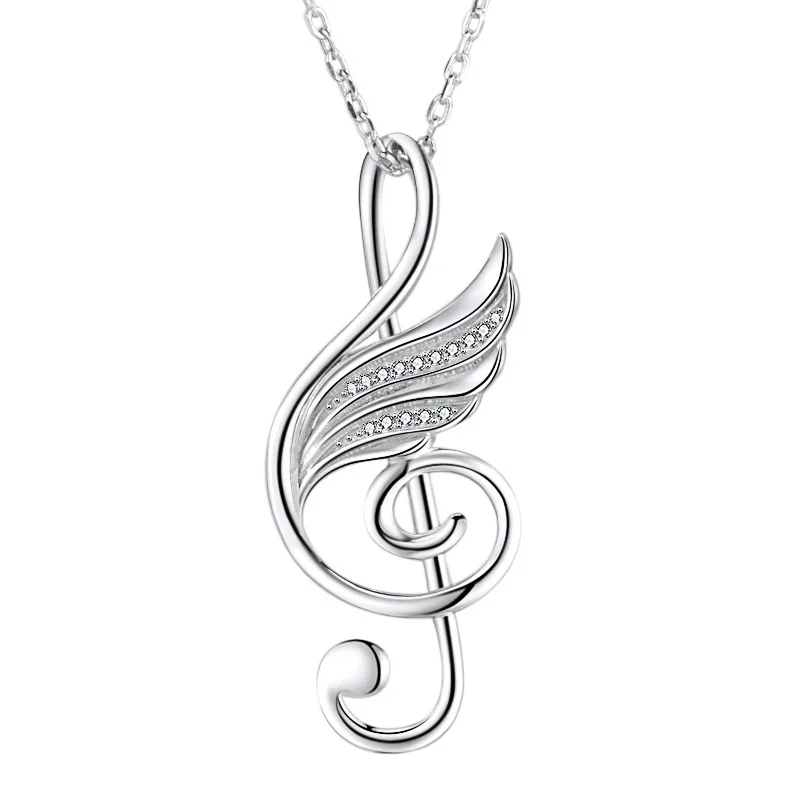 100% 925 sterling silver musical note wing chain pendant&necklace with Cubic Zirconia diy fashion jewelry making for lover gifts