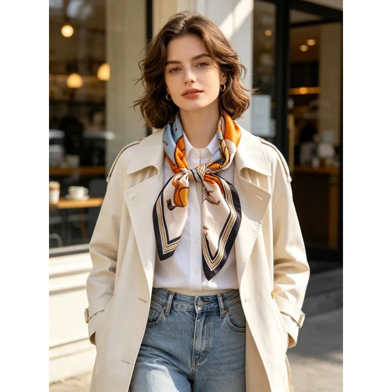 Luxury 100% MULBERRY SILK Square Scarf 70cm Retro Block Horse Print Neck Wrap Headscarf Bag Decor Ladies Travel Holiday Present