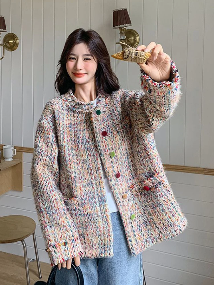 

Zoki Retro Sweet Colors Tweed Jacket Women Long Sleeve Loose O Neck Elegant Coat Fall Winter Vintage French High Quality Tops