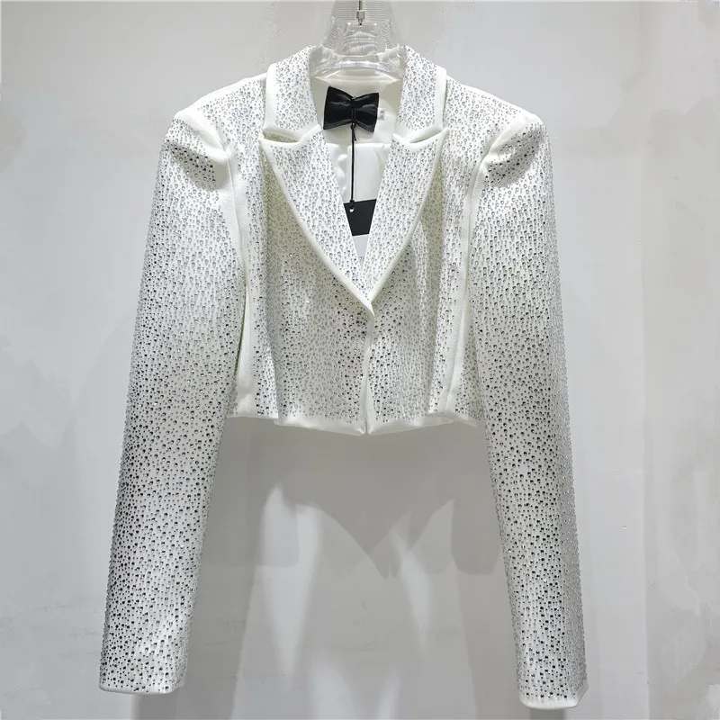 Blingbling Shiny Hot Diamonds Women Suits Jacket New Spring Autumn Short Cardigans Top Elegant Lady Full Sleeve Blazers Coat