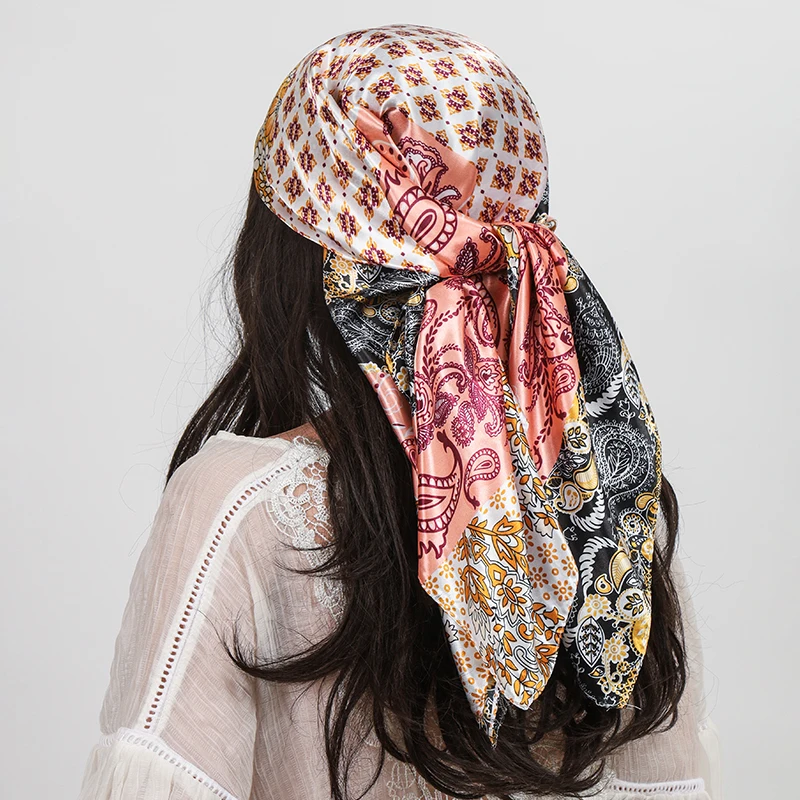 Bufandas cuadradas de seda a la moda para mujer, chales Hijab con estampado de flores de anacardo, pañuelo para la cabeza para mujer, Foulard, Bandana, Pareo de playa de 90x90cm