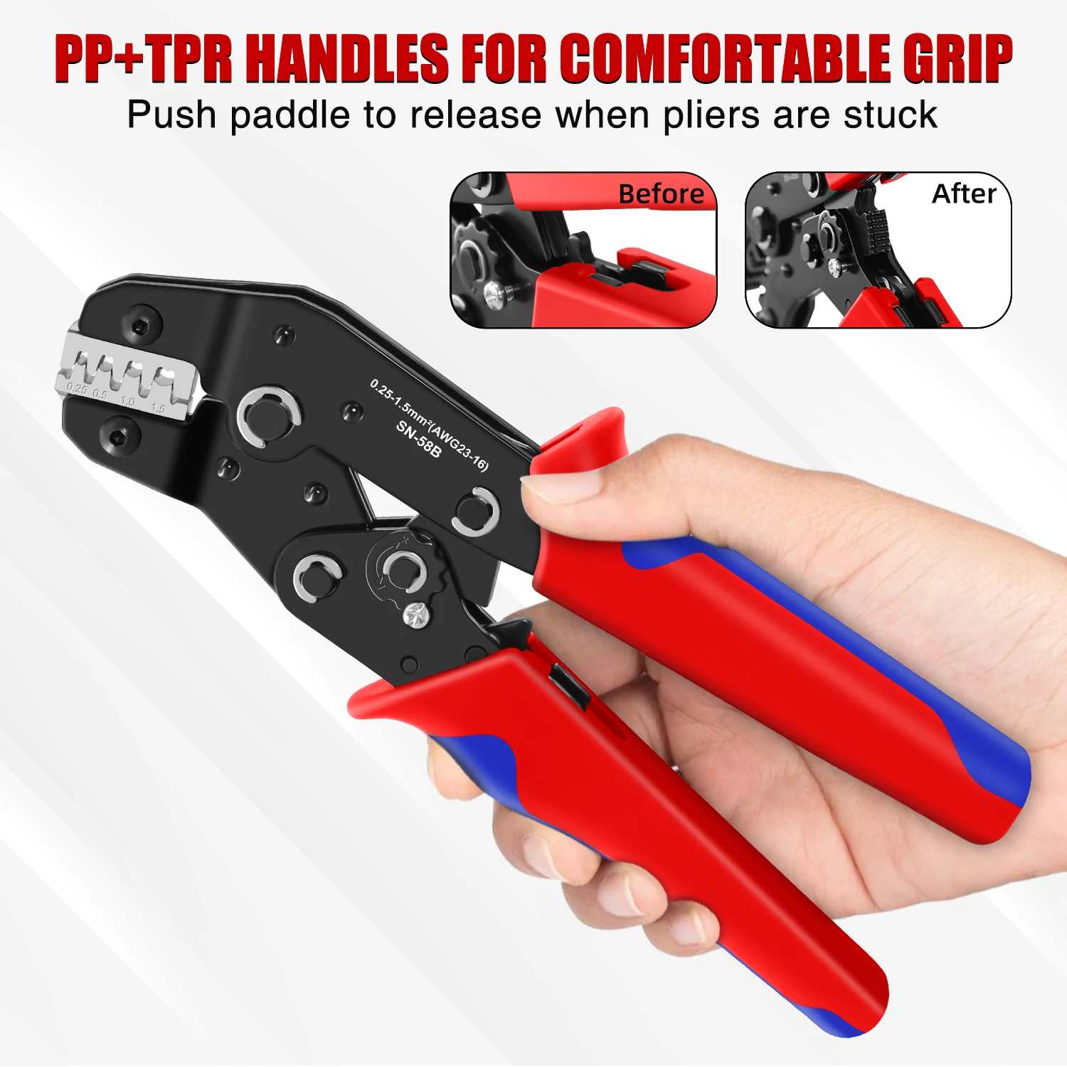 SN-58B Kit di strumenti di crimpatura da 300 pezzi Set di connettori per terminali aperti da 2,8/4,8/6,3 mm con terminali non isolati Pinze a crimpare AWG 23-16