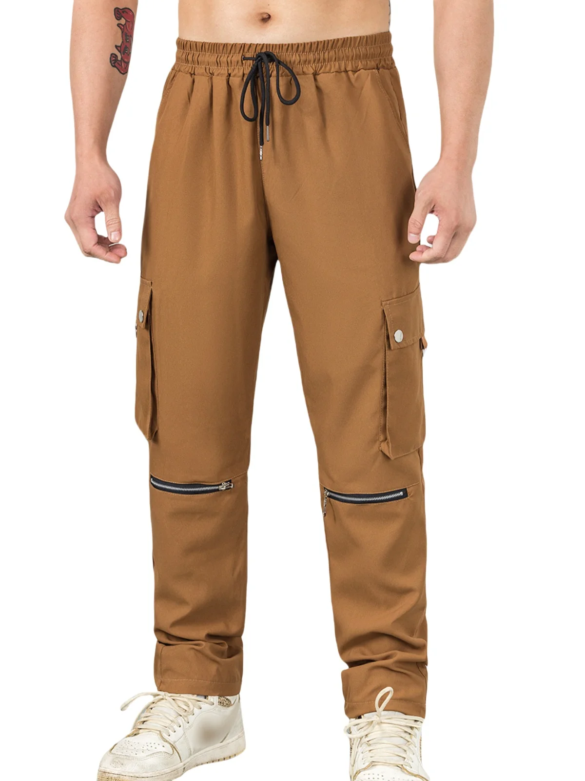 2025 Season Men's Workwear Pants, Solid Color with Zipper Pockets and Elastic Waist, Street Trendy Jogging Pants