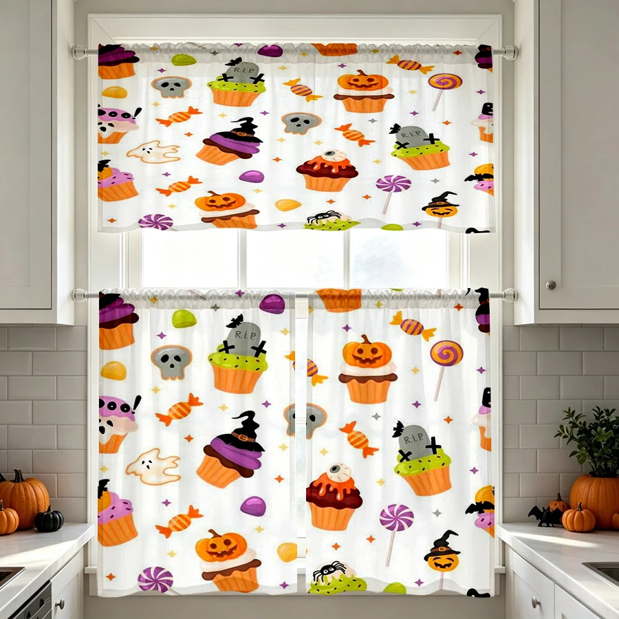 Halloween Fall Kitchen Curtains, Cupcake Skull Ghost Candy, Digital Print, Kitchen Dining Room, Rod Pocket Polyester, Home Decor