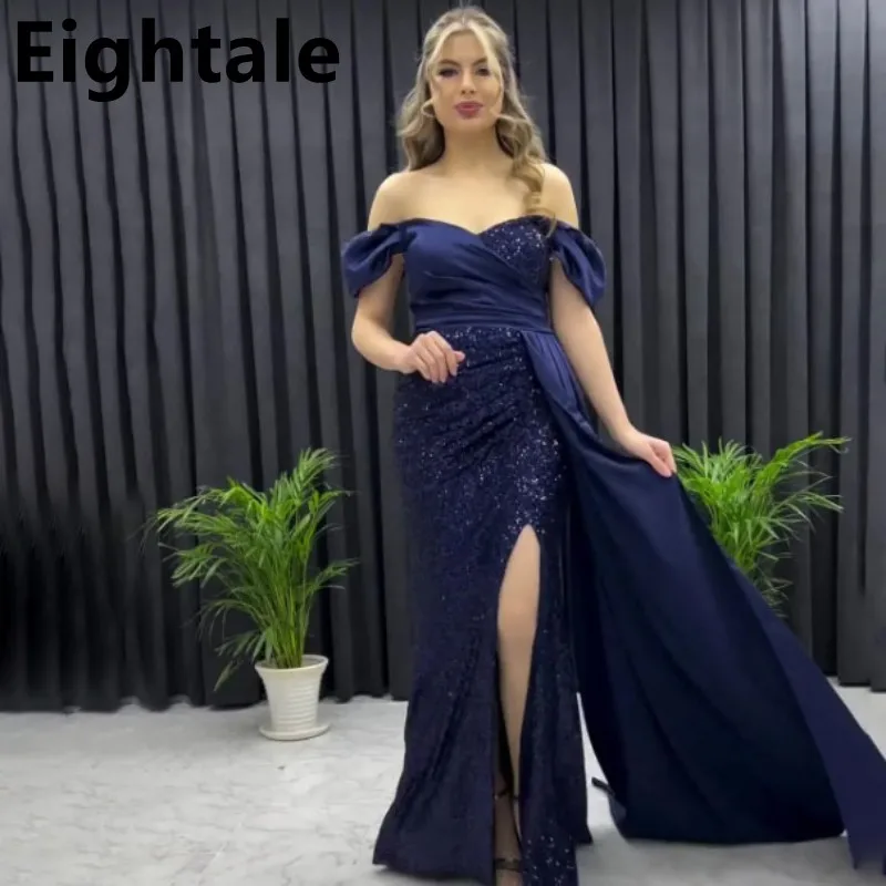 

Customized Navy Blue Mermaid Sequin Evening Dresses For Wedding Sexy Slit Off Shoulder Formal Prom Dress Dubai Party Gown