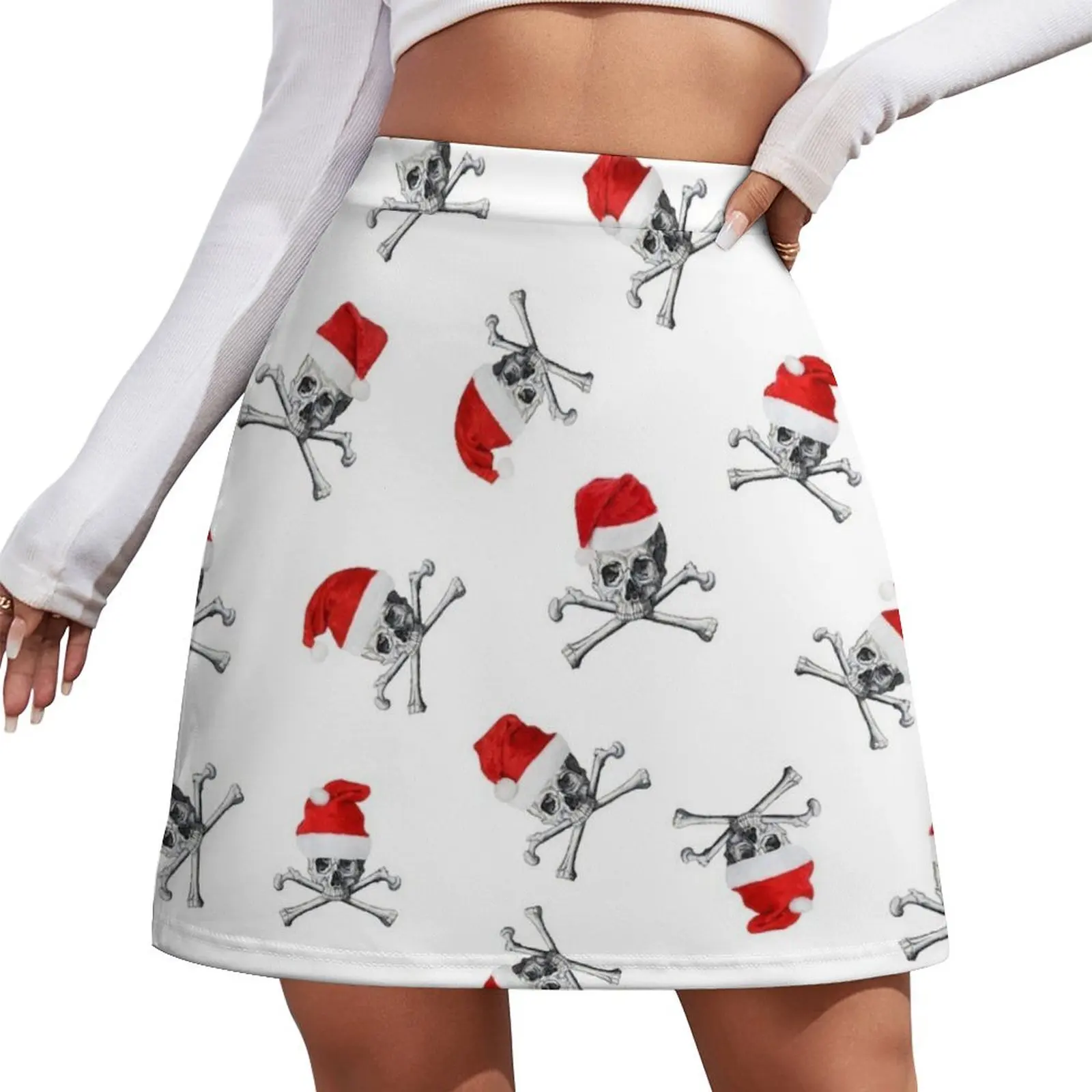 Christmas Holiday Pirate Skull on White Mini Skirt skirts School skirt womens clothing
