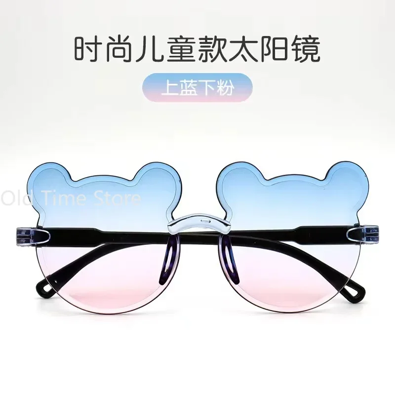 Girls Boys Cartoon Bear Rimless Sunglasses UV400 Children Retro Round Glasses Eyeglass Outdoor Infant Ultraviolet-proof Eyewear