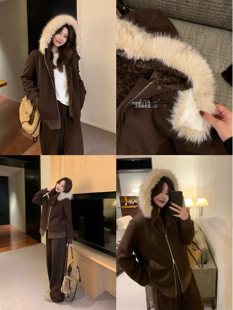 

plus Size Women's Casual Hooded Fce Lined Jaet And Straight Leg Pants Two Piece Set Comfortable plus Size Faion Outfit