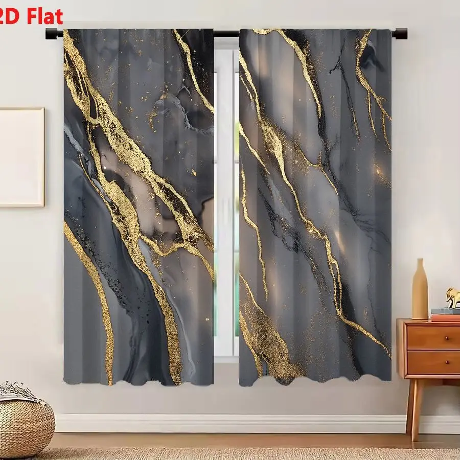 2Pcs Curtains Add 2D Flat Abstract Luxury Dark Gray Marble Background With Shimmering Gold Veins Elegant Fluid Patterns Window D
