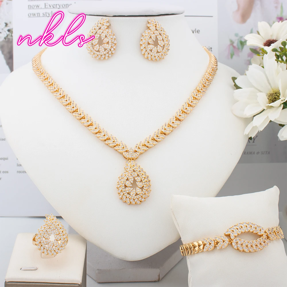 

Luxury Crystal Rhinestone Jewelry Sets for Bride Fashion Zircon Necklace Earrings Bangle Ring Set Wedding Party Bijoux Femme