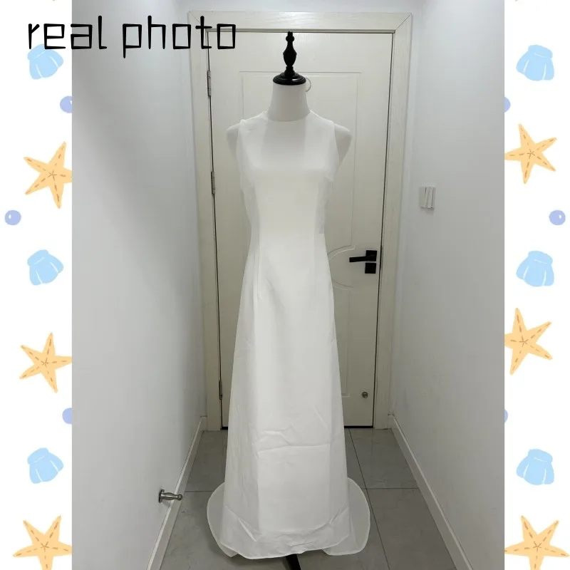 Robe de Mariée Simple en Fibre de Satin pour Femme, Tenue à Col Licou, avec Nministériels d, Sexy, Dos aux, Élégante, Longue