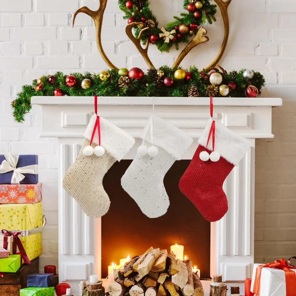 25*18cm Christmas Stocking Knitted Xmas Stocking Hanging Decoration Candy Gift Holder For Holiday Fireplace Tree Party Decor