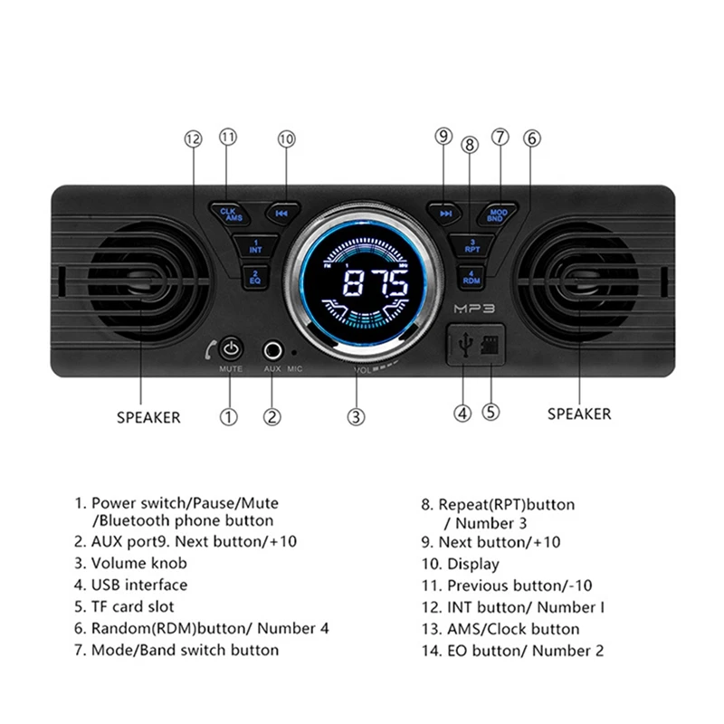 Universal 1 Din 12V In-Dash Car Radio Audio Player Built-In 2 Speaker Stereo FM Support Bluetooth With USB/TF Card Port