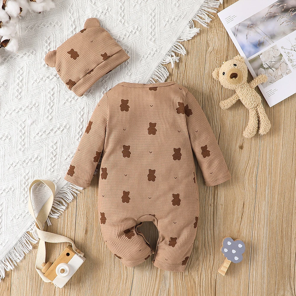 LAPA 0-18M Infant Casual One-Piece Jumpsuit Set Baby Cute Bear Print Long Sleeve Romper+Hat 2 Piece Newborn Pullover Bodysuits