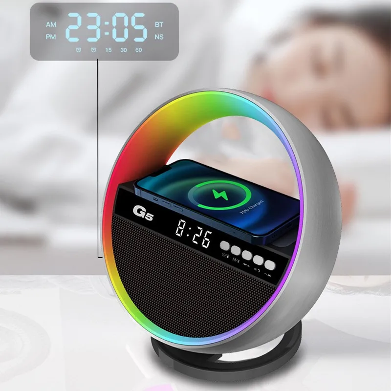 G5 Table Lamp with Wireless Charger Hi-res Bluetooth Speakers and Alarm Clock Atmosphere Lamp with 10W Qi Wireless Charger Gift