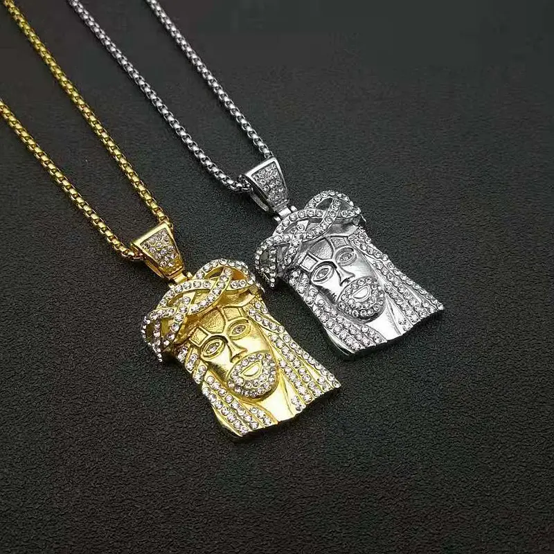 Hip Hop Iced Out Gold Silver Color Masked Jesus Face Pendant Necklace Jesus with rhinestone Jewelry