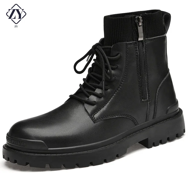 

Fashion Black Men Boots Luxury Comfortable Leather Casual shoes for Men Ankle British Style Side Zipper Motorcycle Large size