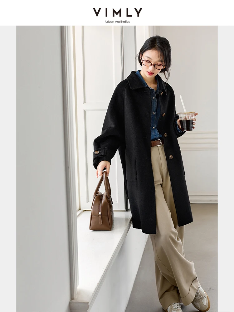 Vimly Double Faced Wool Blend Long Coat Winter Women Woolen Simple Casual  Knitted Jacket Office Lady Warm Overcoat 50659