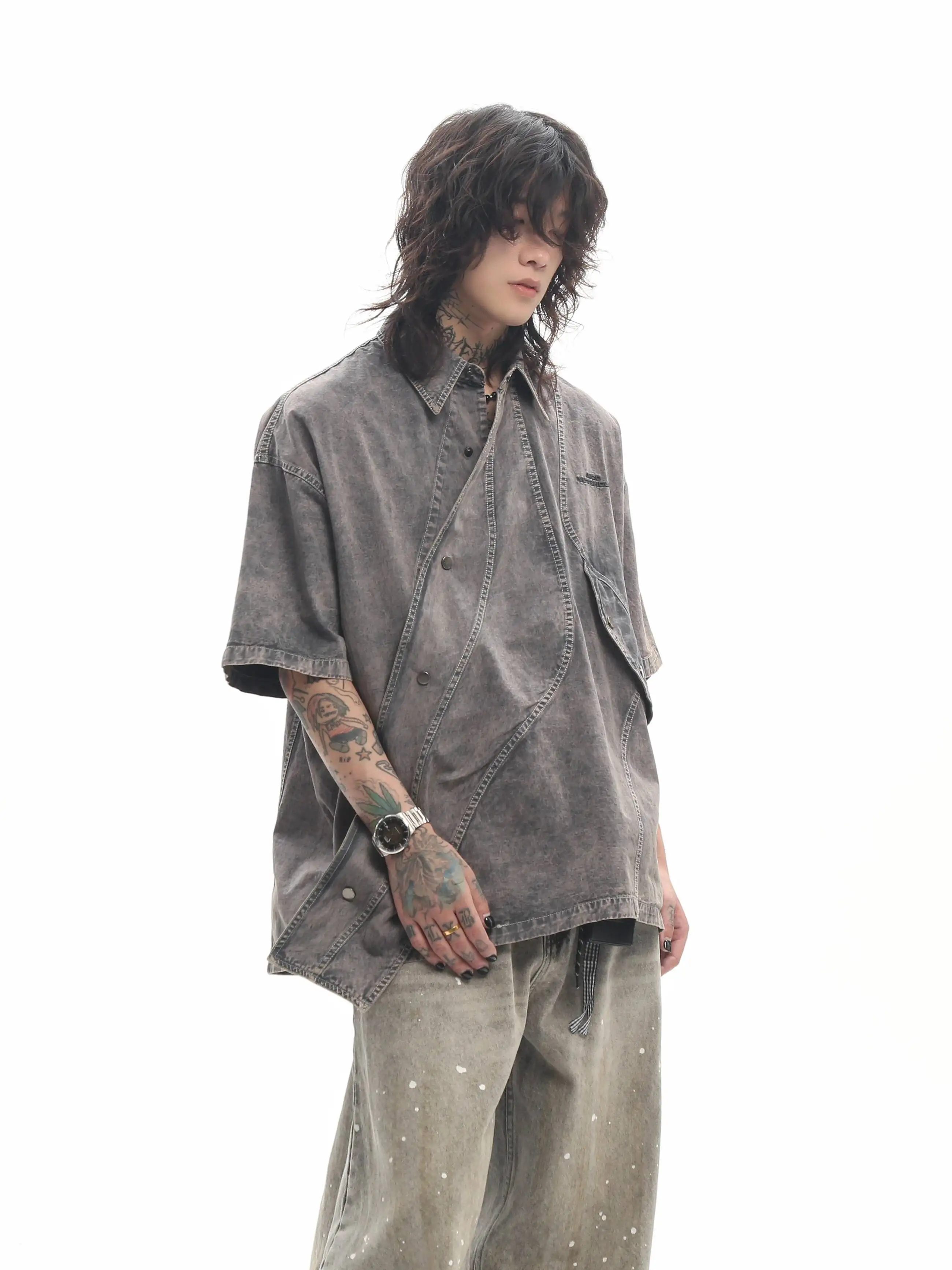 

2026 New Men Heavyweight High Street Irregular Diagonal Zipper Short Sleeve Shirt Summer Vintage American Loose Blouse Tops