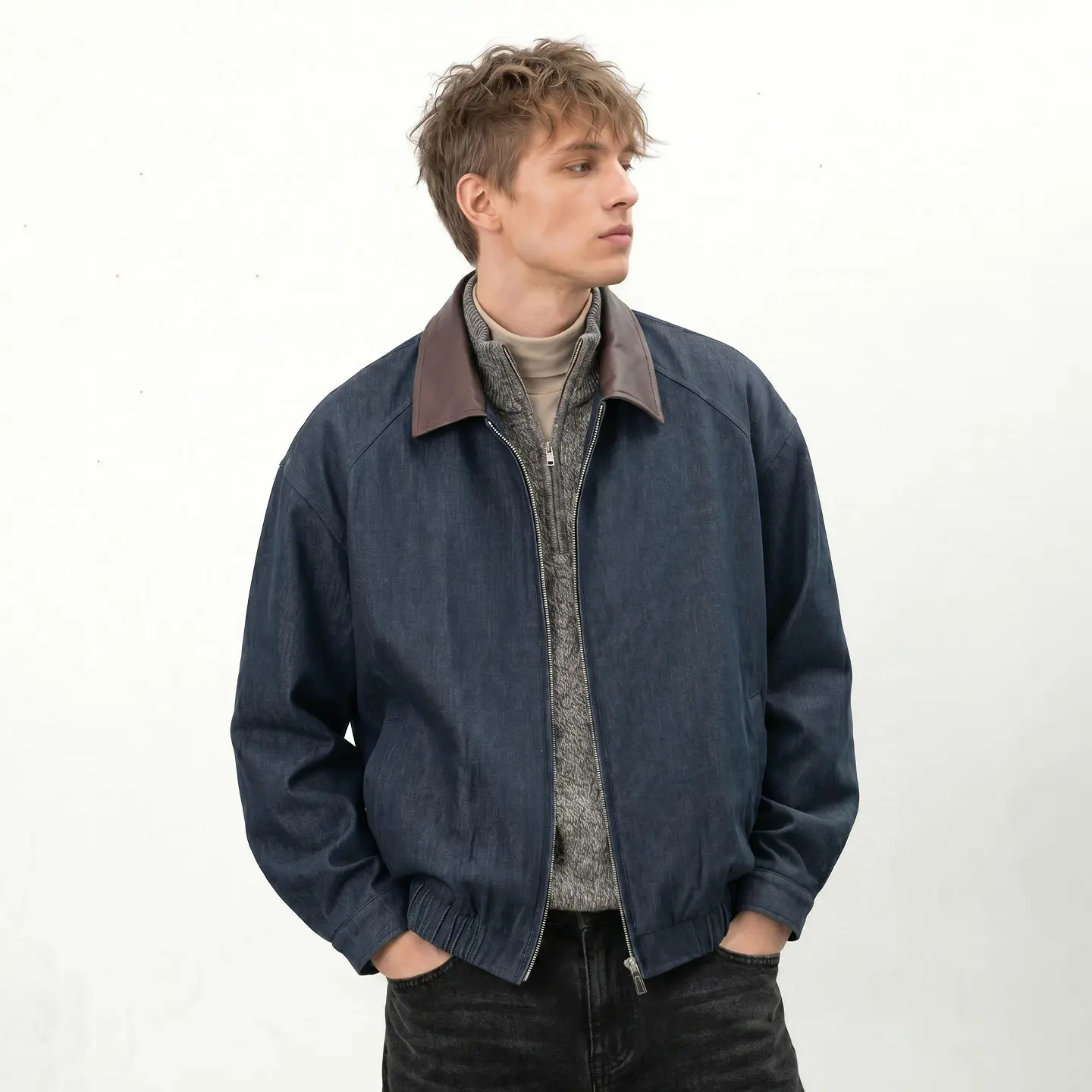 Men's Colorblock PU Collar Denim-Style Jacket – Loose Fit, High-Stretch Fabric for Casual & Urban Wear