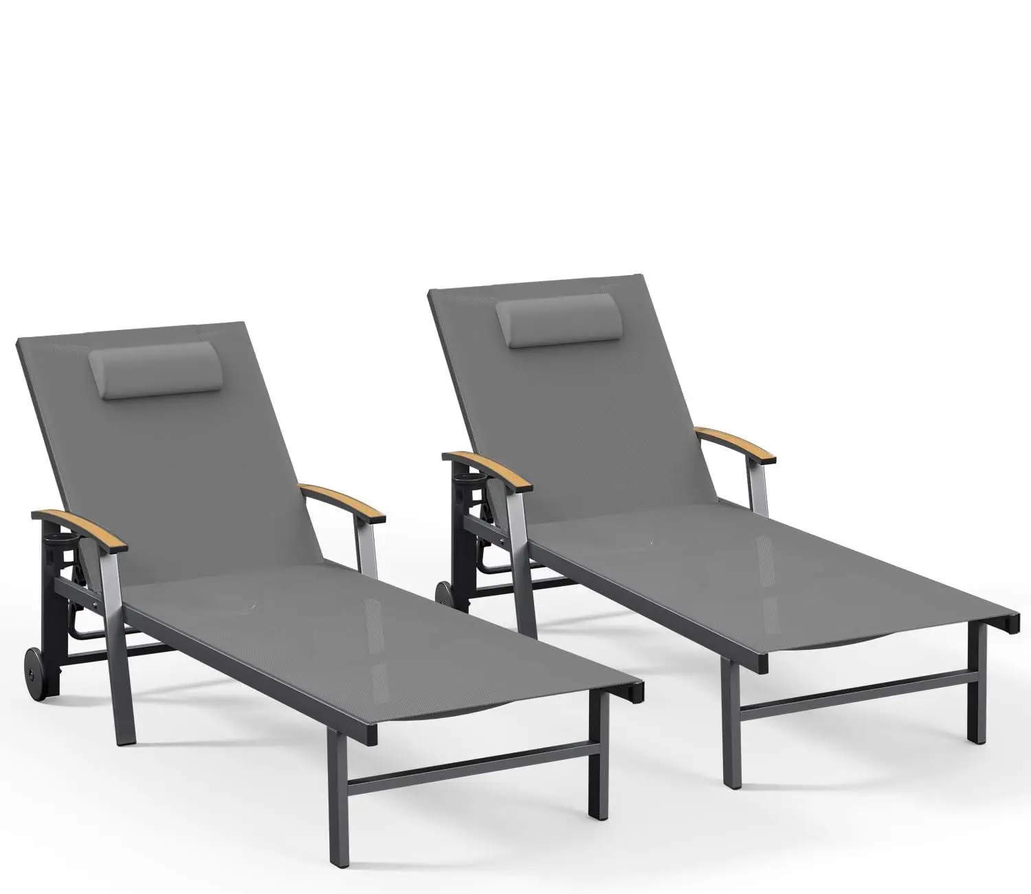 Aluminum Chaise Lounge 2pcs with Pillow, 5-Position Recliner with Wheels & Armrests, 400 lbs Pool Chair , Customized