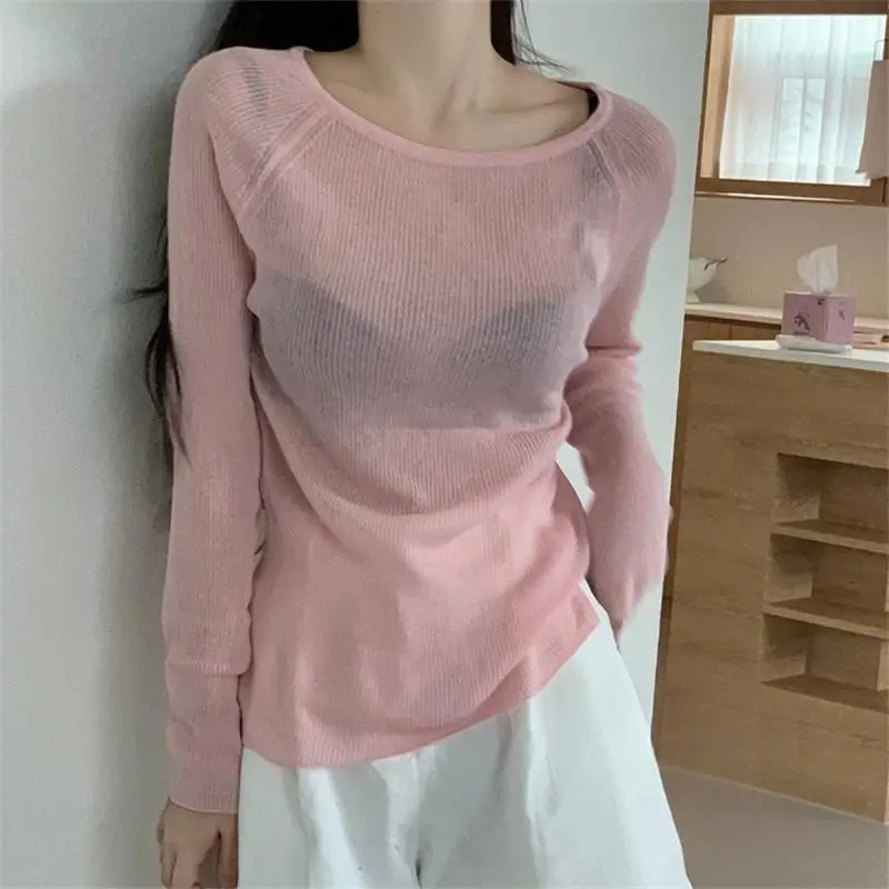 

Women's Slim Fit Long Sve Knitted T-irt oulder Insert Design See tough Thin Sle round Ne Pullover Korean Sle