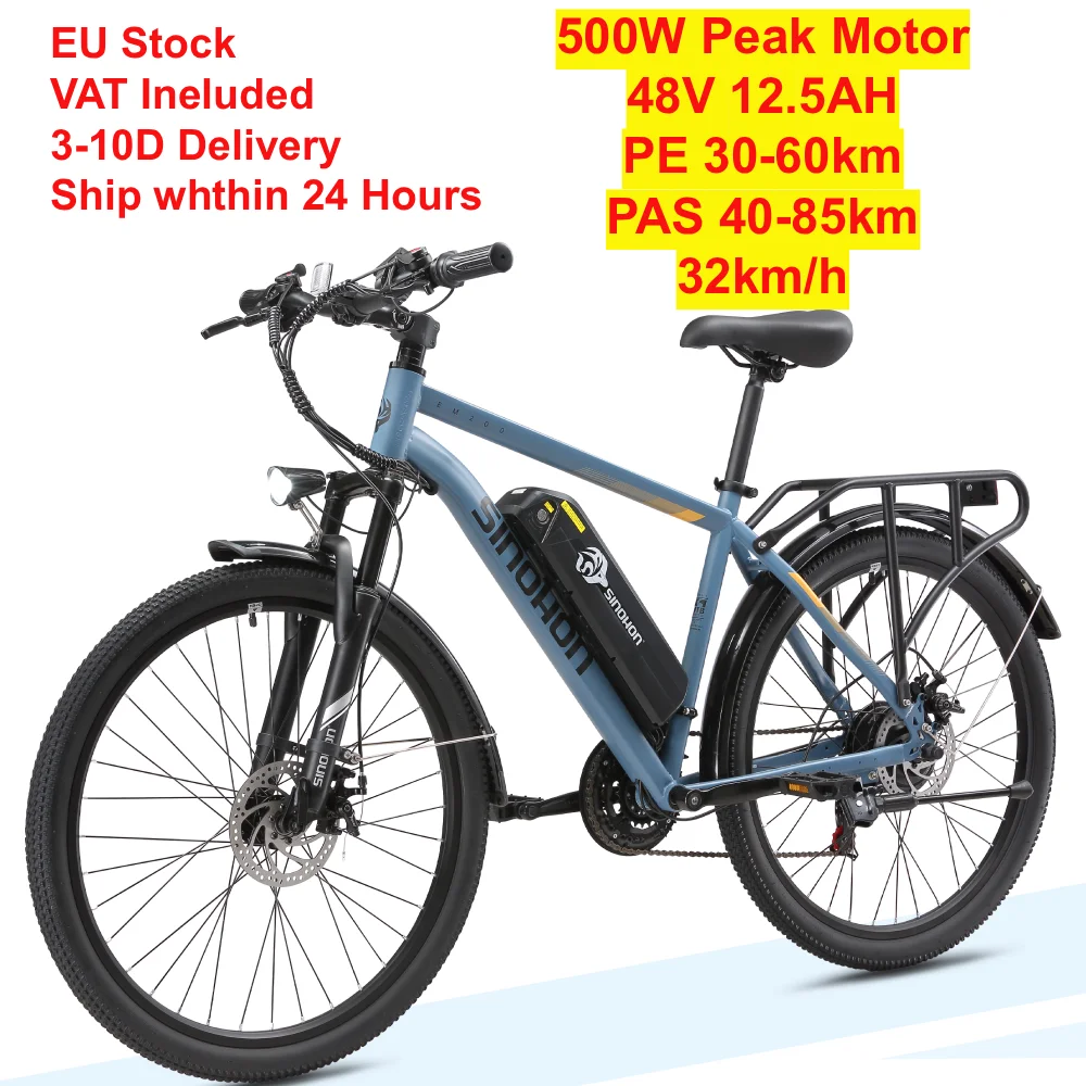 Vélo électrique de banlieue SINOHON EM200 26 pouces, moteur de 500 W de puissance maximale, batterie amovible 48 V 12,5 Ah, SHIMANO 21 vitesses, vélo électrique 28 mph