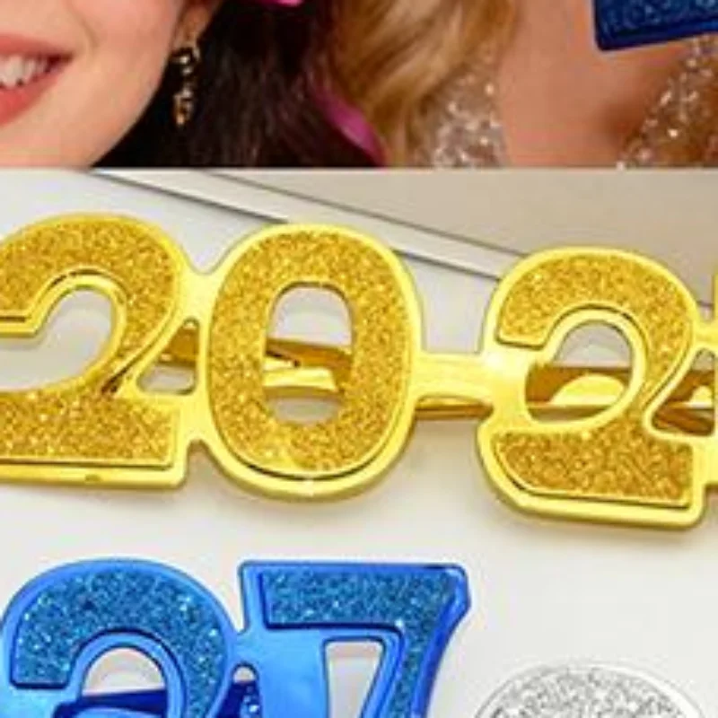 2027 Glitter Number Party Glasses Shiny Surface Multi Color Options For New Year Eve Celebration Photo Booth Props