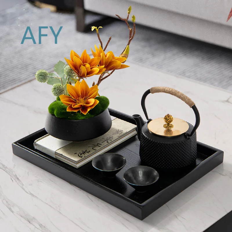 New Chinese Style Tea Ceremony Iron Kettle Flower Arrangement Tray Set Decorative Display Piece for Model Room Sales Office