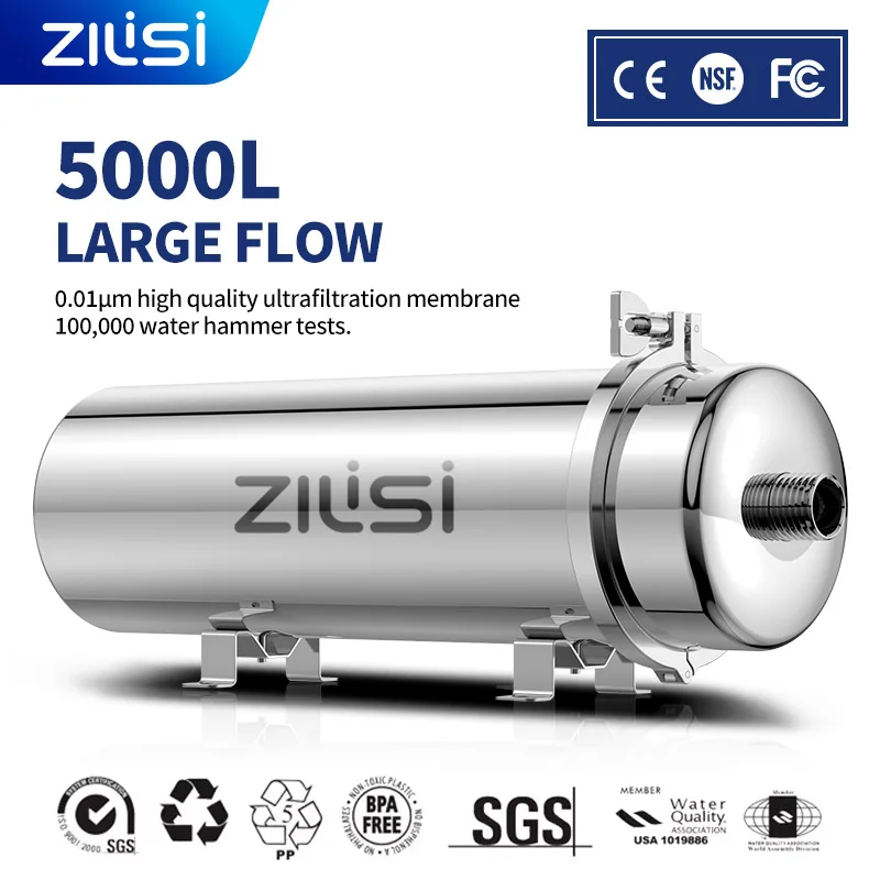 ZILISI High Flow Water Filter System, Whole House Stainless Steel, Mineral Water Filter, Reusable PVDF Direct Drink, 5000L