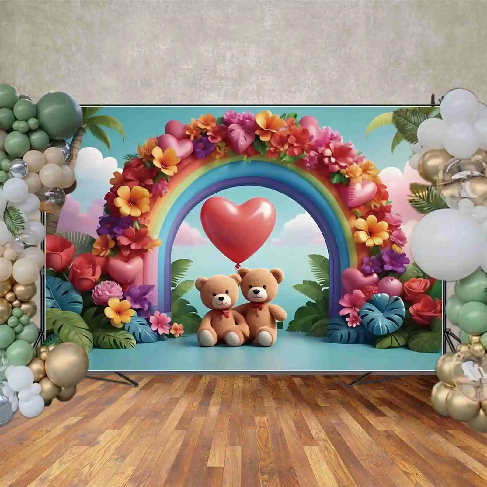 MOON.QG Teddy Bear bambini sfondi fiore palloncino tropicale sfondo personalizzato festa di compleanno decorazione puntelli fotografici