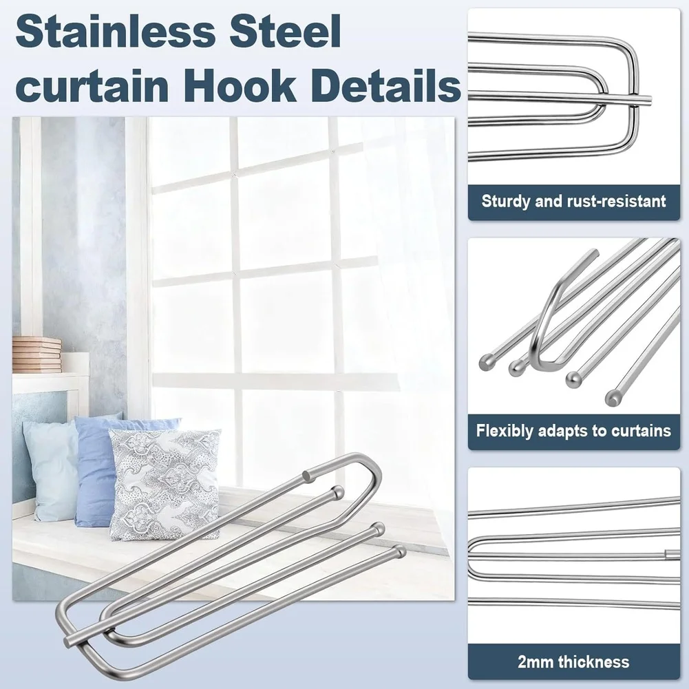 Silver Metal Curtain Hooks Stainless Steel for Drapery Rings 40 50 60 or 150 Pieces Window Hanging Accessories