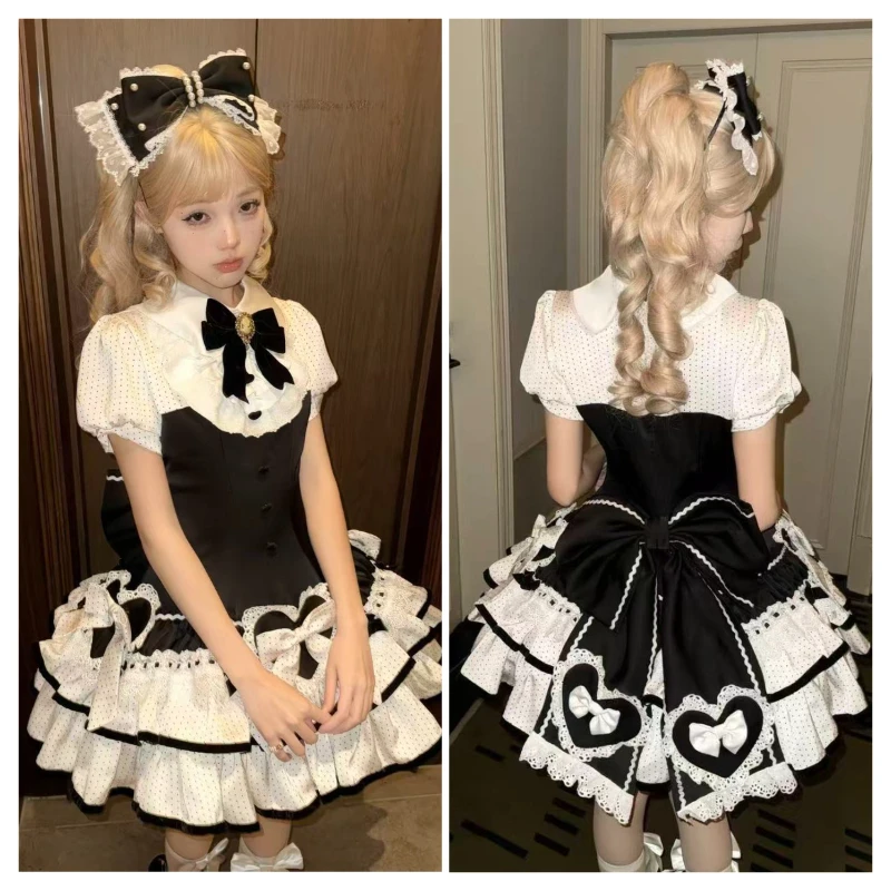 Damen Kawaii japanisches süßes Lolita-JKS-Outfit, Spitze, Schleife, Rüschen, Minikleid, A-Linie, ausgestellter Rock, geeignet für Cosplay-Partys
