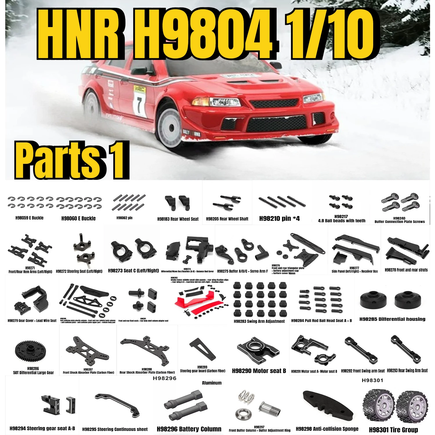 HNR H9804 1/10 Pièces de rechange d'origine pour voiture de rallye RC : essieu arrière, bras oscillant, plaque d'amortisseur, différentiel, support de moteur, pièces de pneus 1