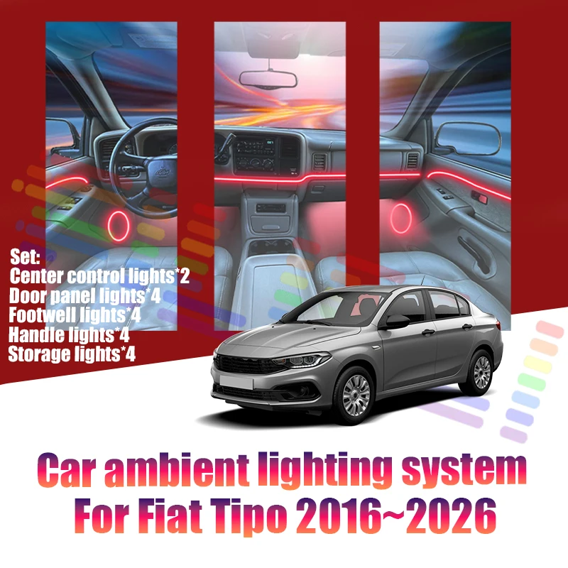 Luces LED Ambientales para Automóvil Fiat Tipo 2016~2026, Luces de Atmósfera Coloridas, Tira de Neón Interior para Automóvil, Iluminación RGB de 64 Colores, Accesorios para Automóvil