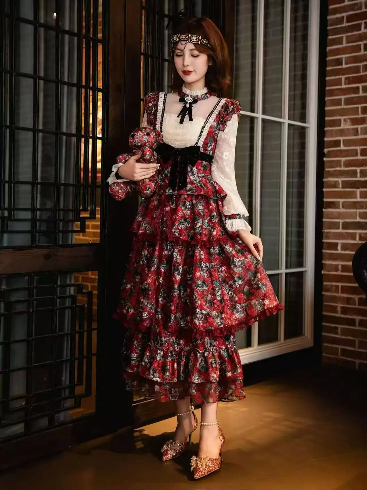 Vintage Floral Lolita Dress Red Tone Ruffle Tiered Skirt Lace Long Sleeve Jumper Skirt For Party Photoshoot Tea Party