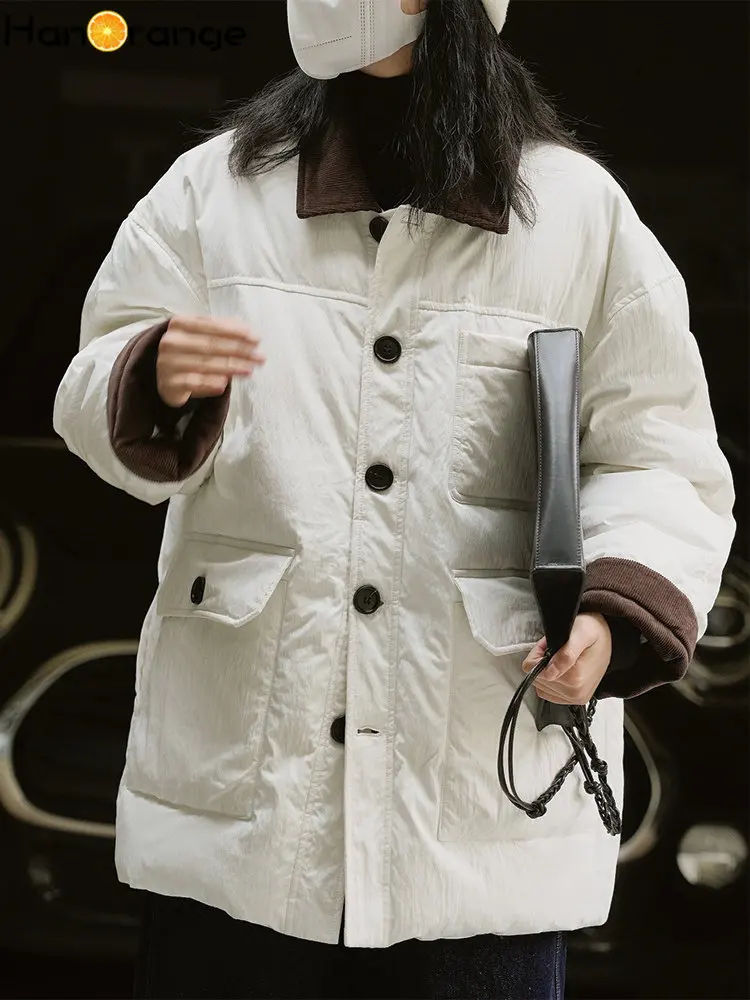 

HanOrange 2025, зимние парки контрастного цвета в стиле ретро, женские теплые однобортные стеганые куртки, женские белые/серовато-зеленые
