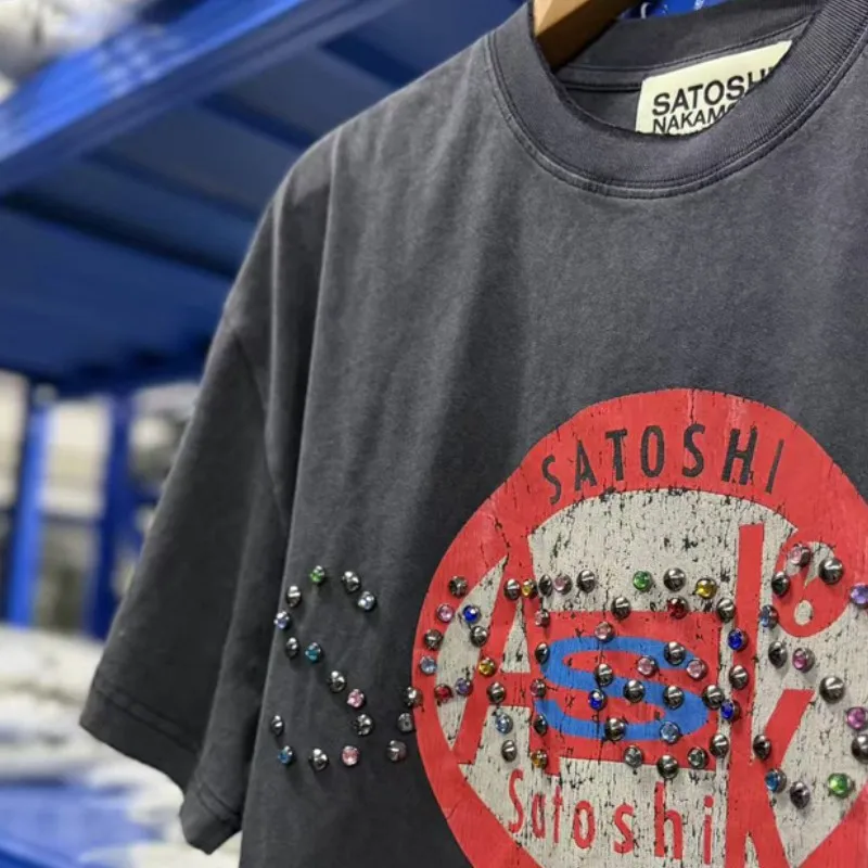 Washed Black Vinatge Streetwear Satoshi Tshirts Colorful Nail Bead Letter Burst Print Round Meck Short Sleeve Men Women Top Tee