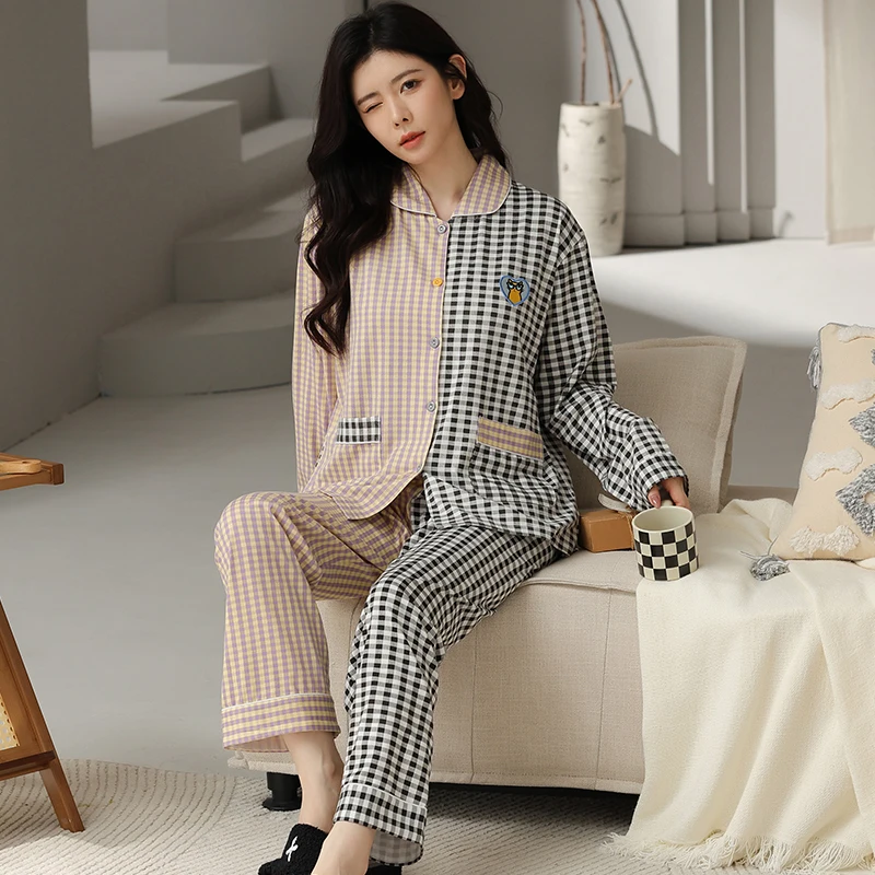 

Spring and Autumn Knited Cottton Long Sleeve Pyjamas Big Size M-4XL Women Pajamas Set Female Plaid Pijamas