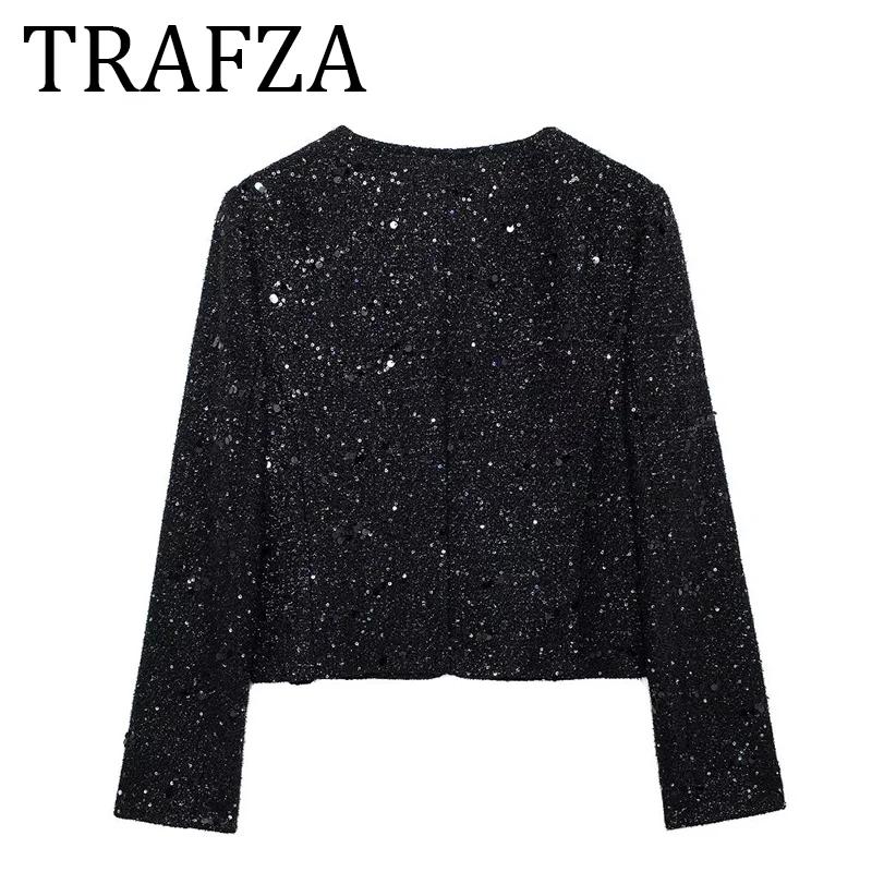 TRAFZA Women Blazer Jacket Autumn 2024New Fashion Bead Embellished Texture Short Elegant Style  Coat Casual New Outerwear