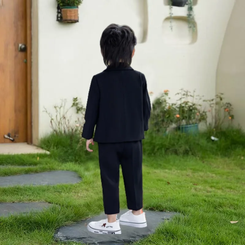 Kids Black Spring 3Pieces/Set Jacket Pants Necklace Casual Suit  Flower Boys Wedding Dress Children Piano Performance Costume