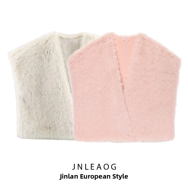 

JNLEAOG ort жилет с эффектом искусственного меха, женская мода, осенняя новинка, круглый жилет без пуговиц, полиэфирное волокно
