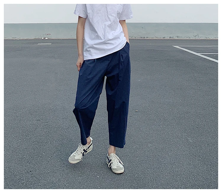 

Брюки-шаровары для похудения, девятисекционные, синие, в стиле ретро, женские повседневные брюки, простые, нейтральные, с высокой талией, из смесового хлопка и эластичного волокна