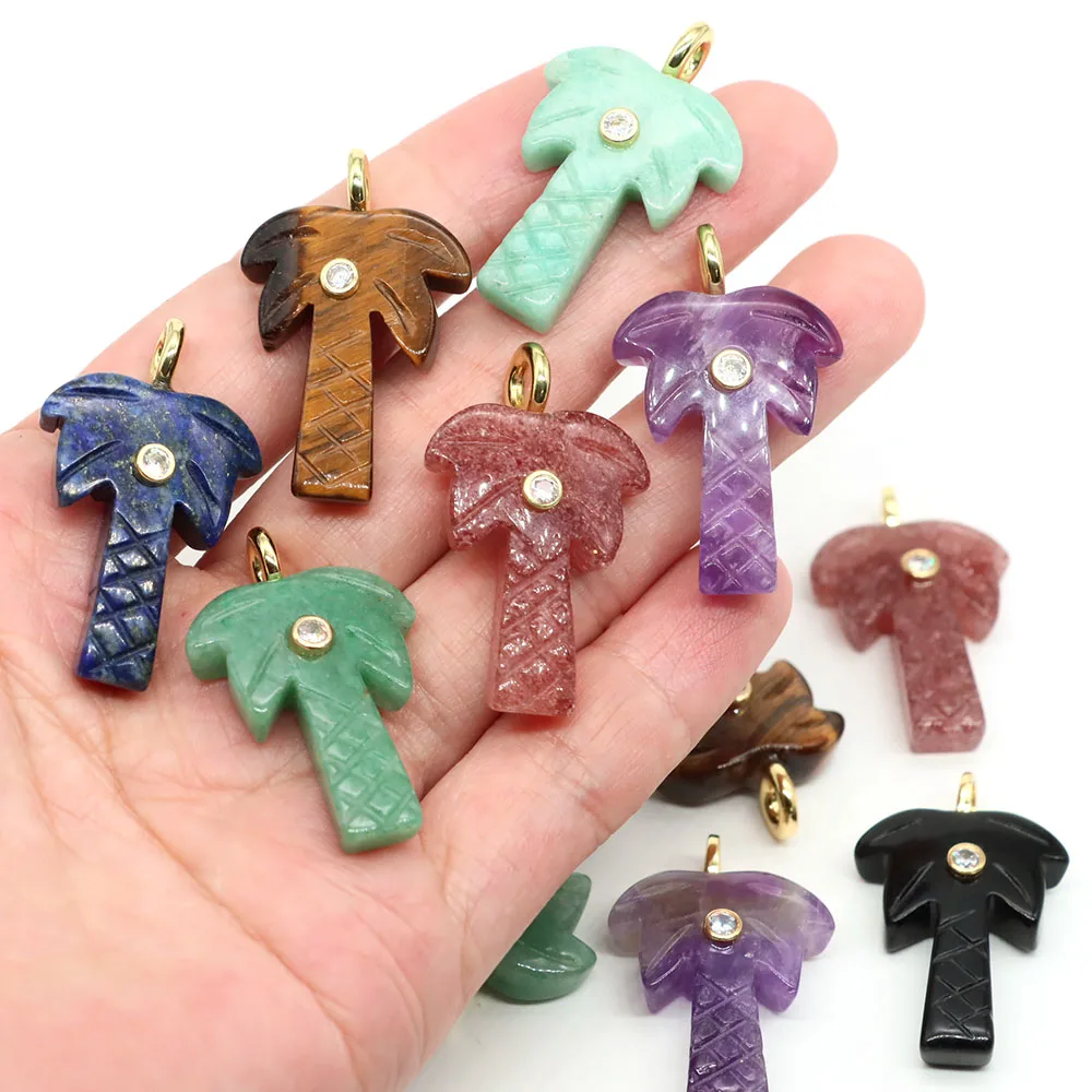 30mm Coconut Tree Shape Pendant with Zircon Natural Stones Crystal Carved Palm Trees Charms for DIY Jewelry Accessories