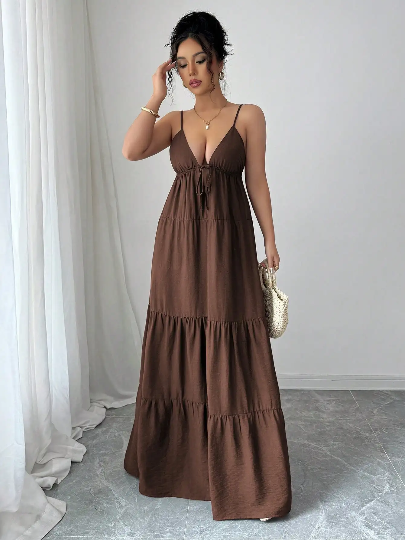V-Neck Spaghetti Strap Tiered Maxi Dress In Brown, Cream, Or Black For Summer Beach, Parties, Weddings And Casual Wear